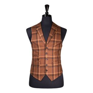 Mens Waistcoat Suit Lapel Vest 40R Brown Orange Plaid Wool Formal Wedding Party